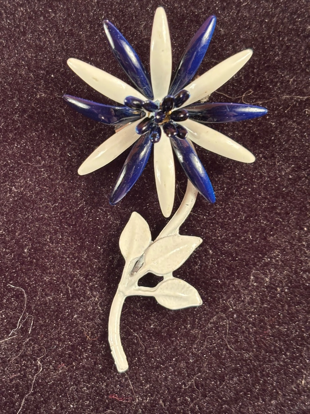 Vintage Blue & White Enamel Flower Brooch Long Stem Floral Pin